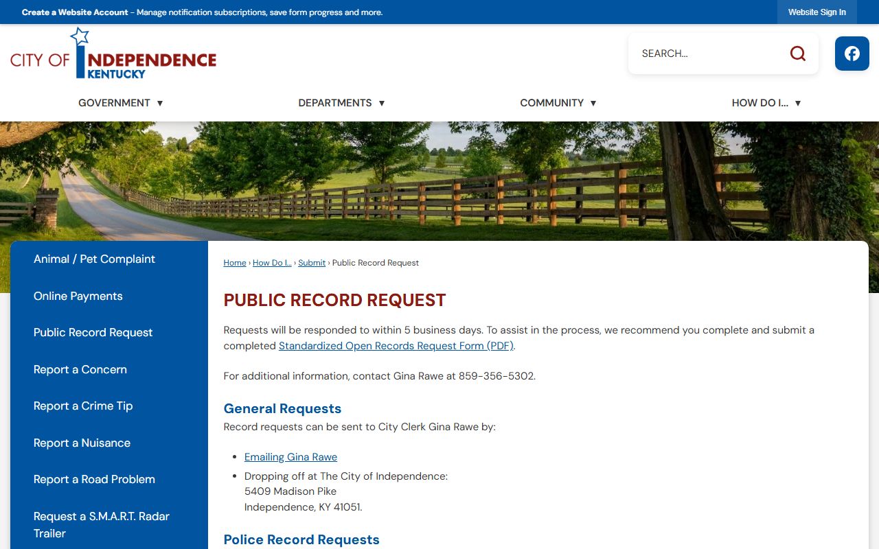 Independence city website public records request page