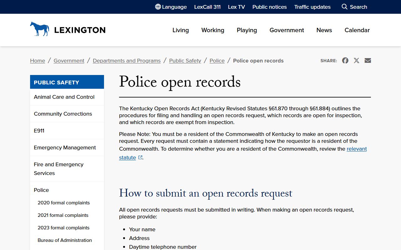 Lexington Police Department Open Records office for requesting police reports