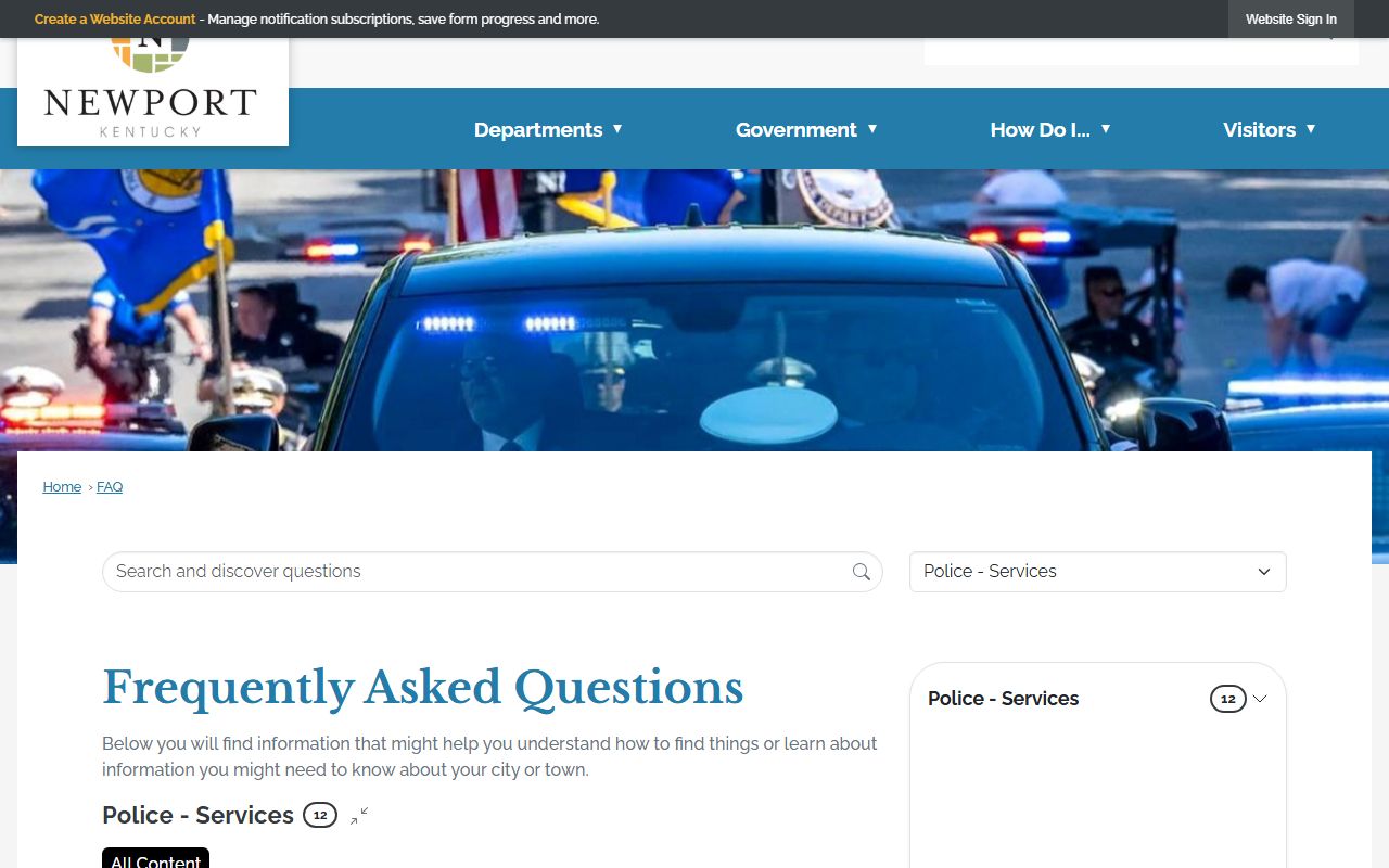 Newport Police Department website main page showing services and contact information