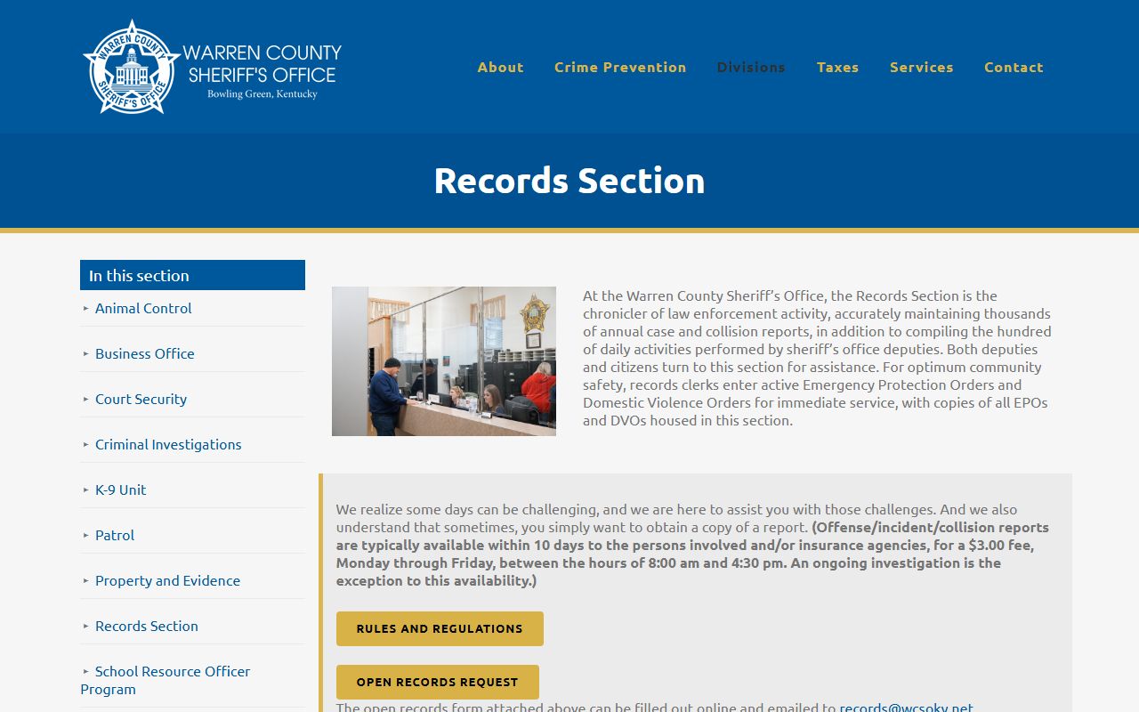 Warren County Sheriff's Office records section for police reports in Bowling Green Kentucky