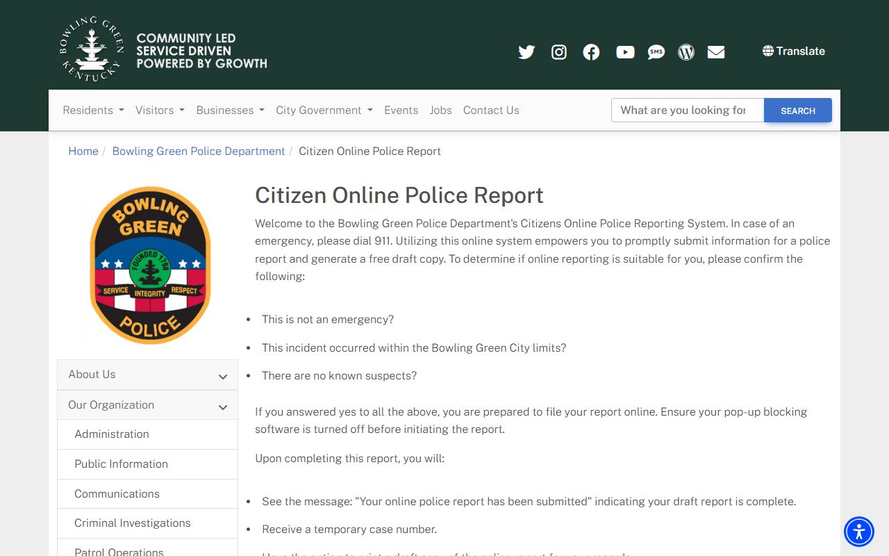 Bowling Green Police Department Central Records Unit for accident and incident reports